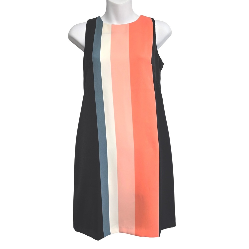 Ann Taylor Petite Colorblock Stripe Shift Dress Black Coral Pink 0P Retro 70s